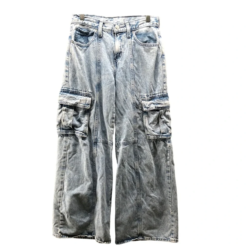 Old Navy Girls 16 High Rise‎ Baggy Cargo Jeans Blue Light Wash Stone Wash